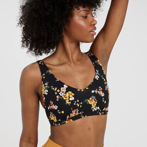 Aerie Offline Goals Plunge Sports Bra True Black Floral Mesh Back Strappy Active - Picture 1 of 15